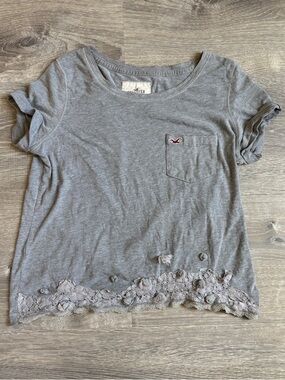 Hollister Heather Gray Pocket Tee with Lace Trim